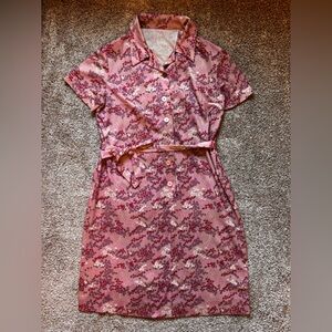 Vintage Pink Japanese Maple Button-Front Midi Dress